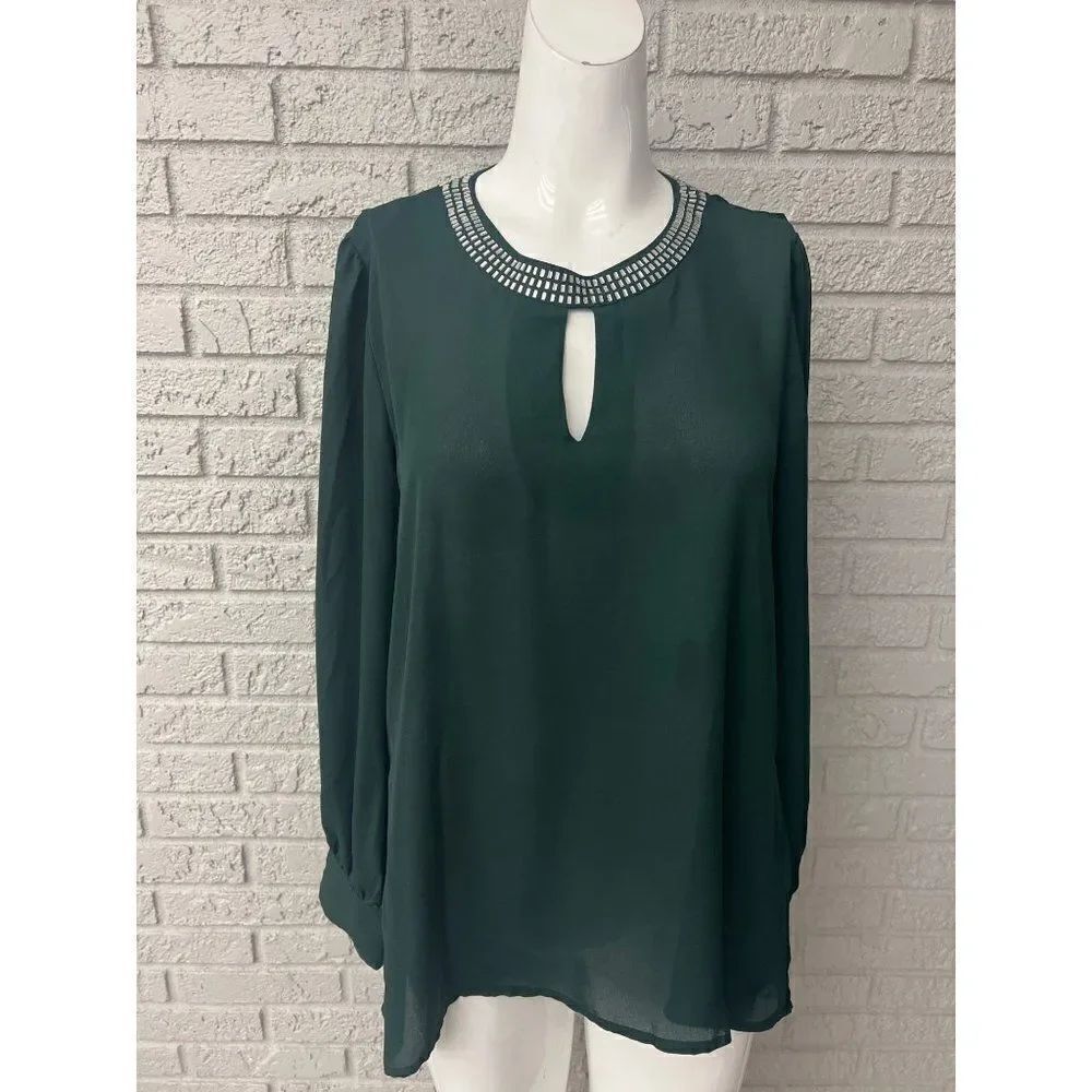 Metaphor Women Green Long Sleeve Rhinestone Neckine Blouse Size M